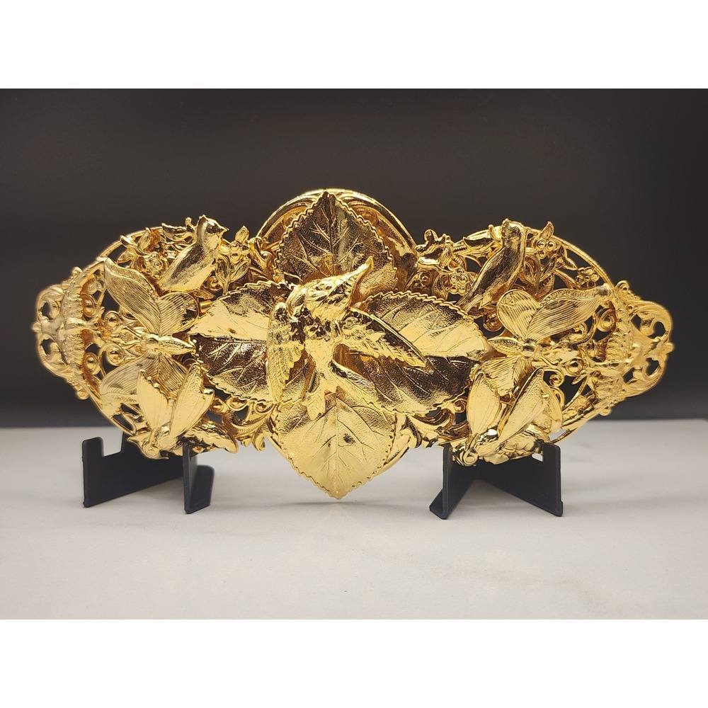 Vintage Style Gold Tone Ornate Bird Dragonfly Filigree Oversized Belt Buckle